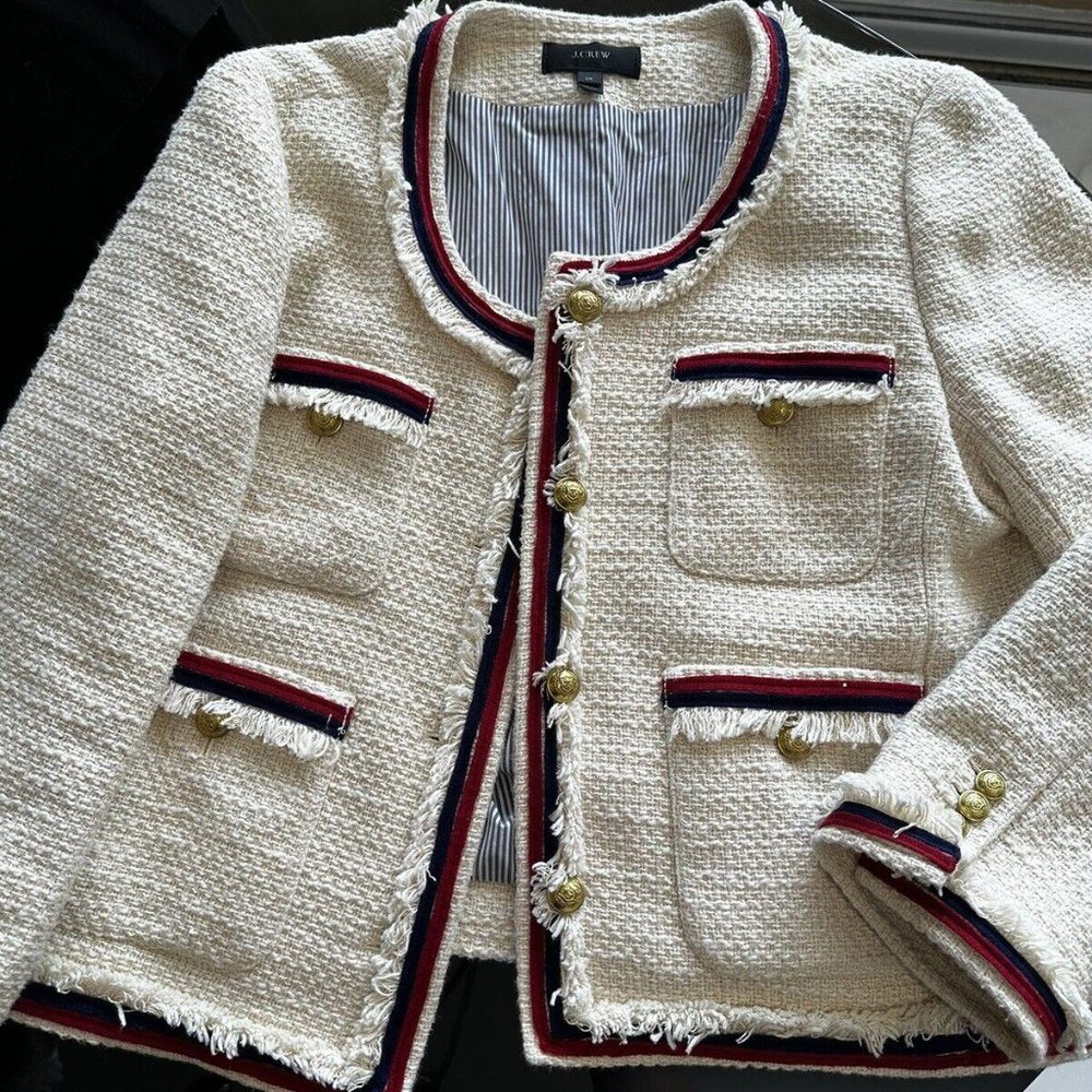 J.Crew Lady Jacket Blazer Tweed Cropped Fringe Fringy White Red Blue Gold 14 - Picture 11 of 14